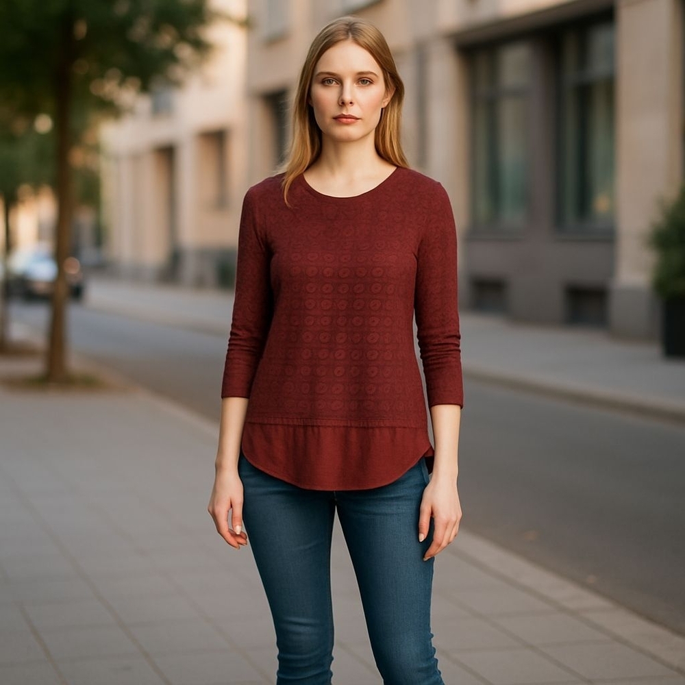 Lucky Brand Burgundy XS Top 3 Faux Button Open Lined Back High Lo Patterned